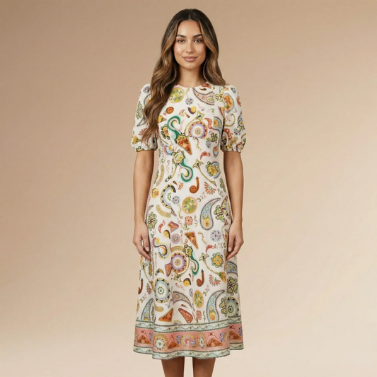 Women's Wedding Guest Paisley Puff Sleeve Midi Dress