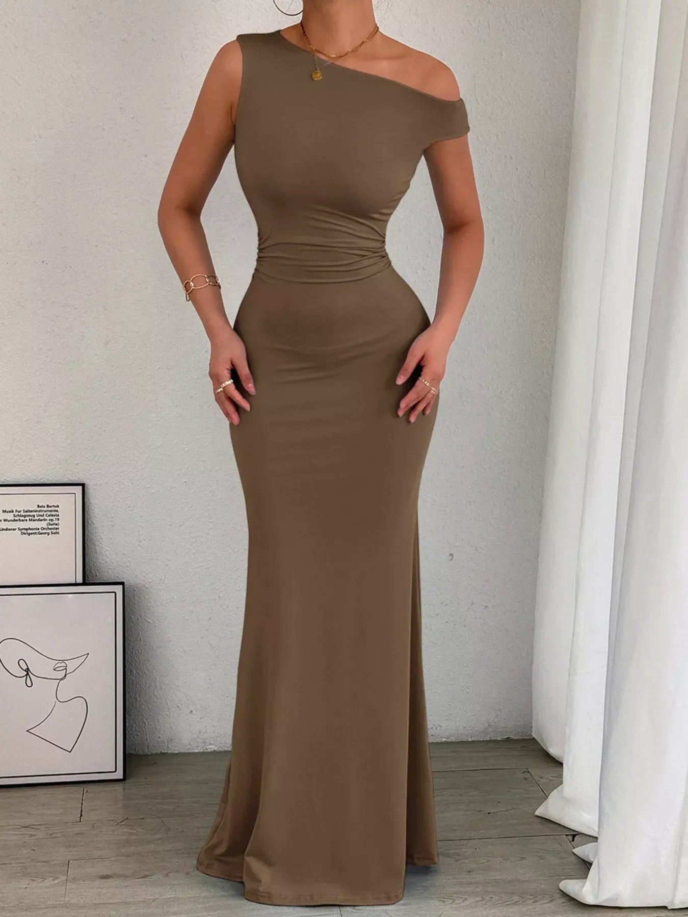 Women's Cocktail One Shoulder Ruched Bodycon Maxi Dress