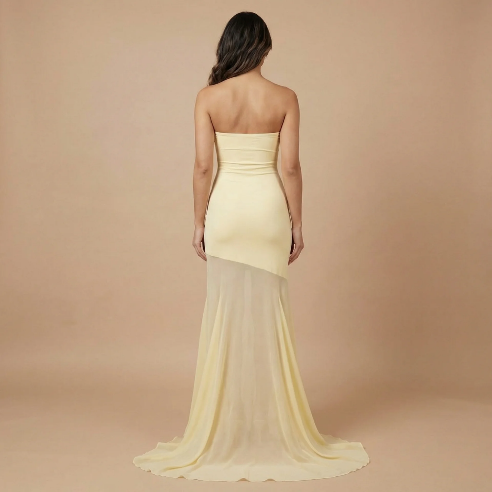 Women's Formal Strapless Maxi Dress With Sheer Mesh Skirt