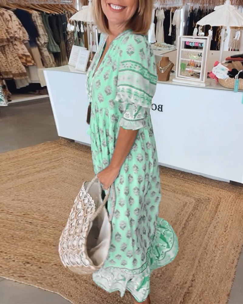 Women's Summer Floral V Neck Maxi Dress with Tassel Tie