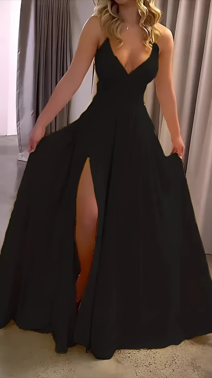 Women's Wedding Guest V Neck Sleeveless Slit Maxi Dress
