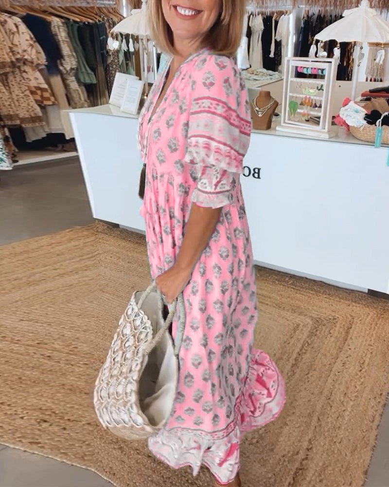 Women's Summer Floral V Neck Maxi Dress with Tassel Tie