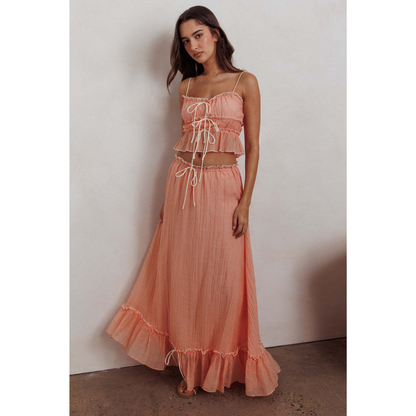 Women's Summer Ruffle Maxi Skirt Set Lace Up Cami