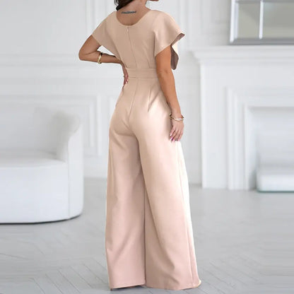 Women's Cocktail Wide Leg V Neck Flutter Sleeve Jumpsuit