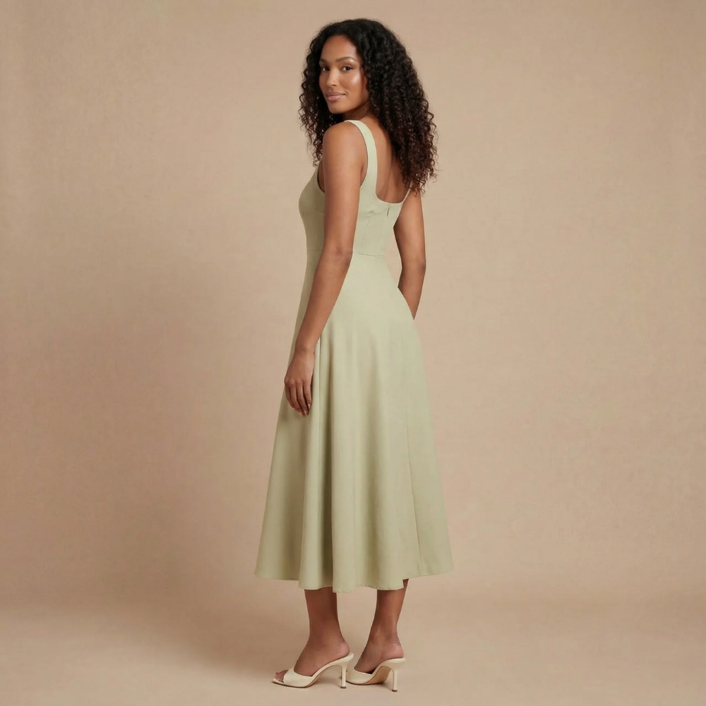 Women's Wedding Guest Square Neck Midi Dress Sleeveless