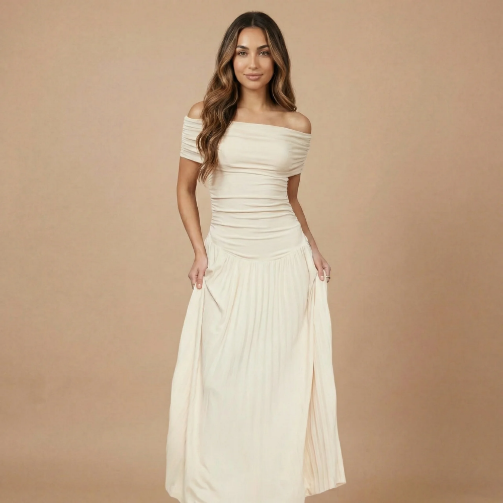 Women's Wedding Guest Off Shoulder Pleated Maxi Dress