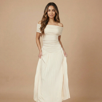 Women's Wedding Guest Off Shoulder Pleated Maxi Dress