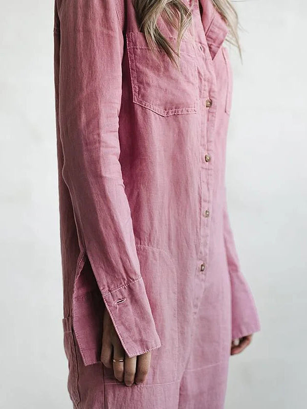 Women's Casual Long Sleeve Button Front Jumpsuit
