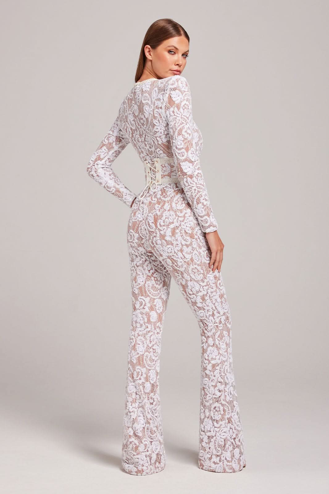 Women's Cocktail Sequin Lace Long Sleeve Wide Leg Jumpsuit