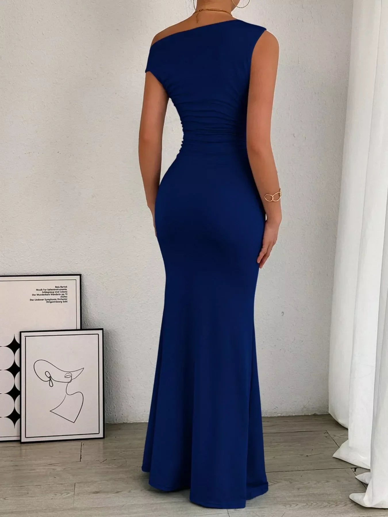 Women's Cocktail One Shoulder Ruched Bodycon Maxi Dress