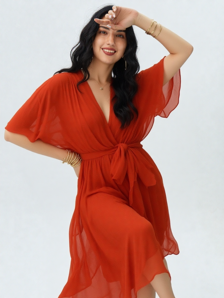 Elegancka sukienka midi z wiązaniem w talii