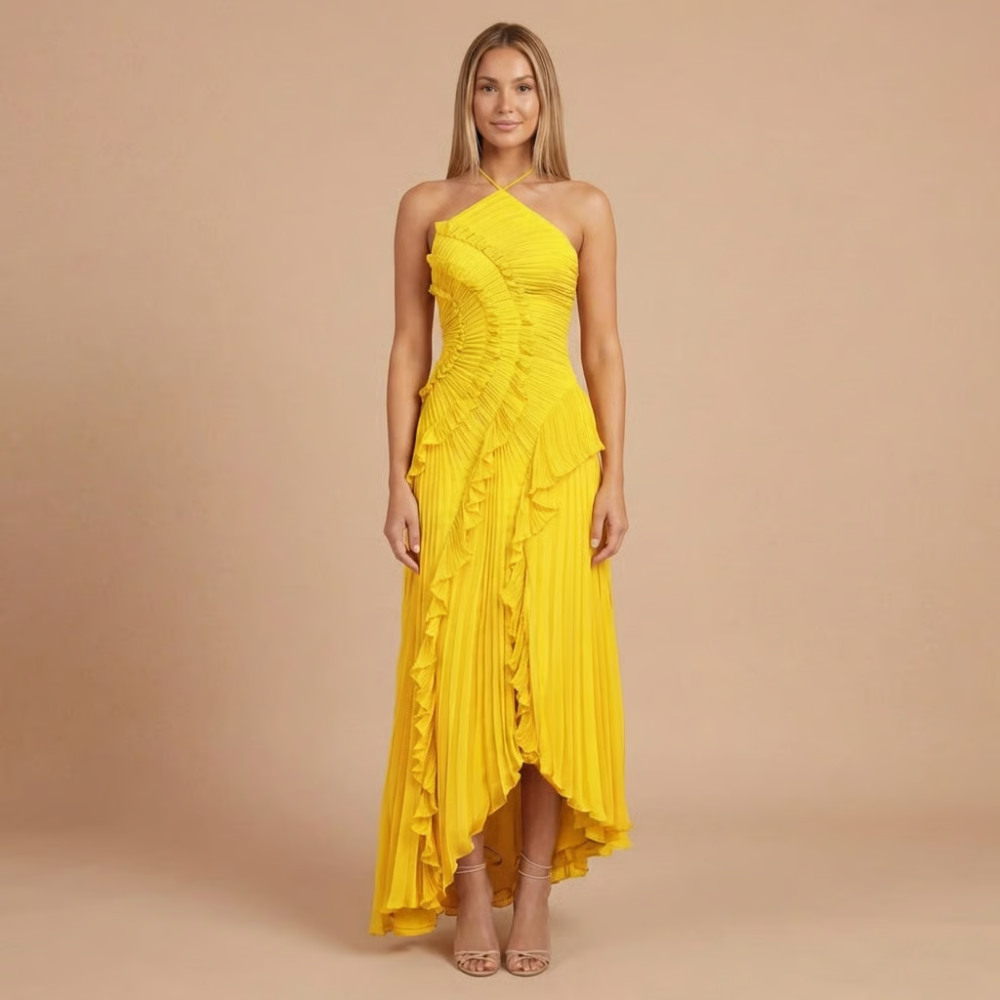 Women's Wedding Guest Halter Ruffle Maxi Dress