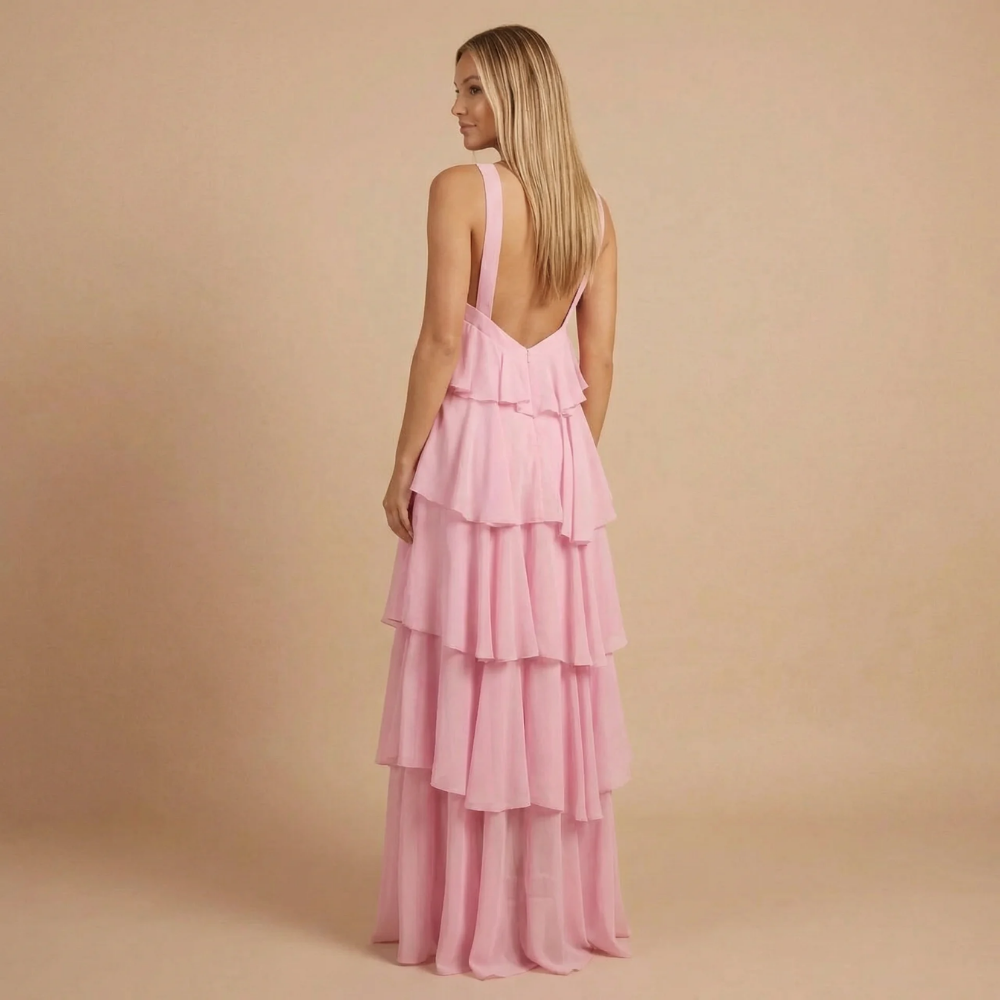 Women's Wedding Guest Halter Tiered Maxi Dress