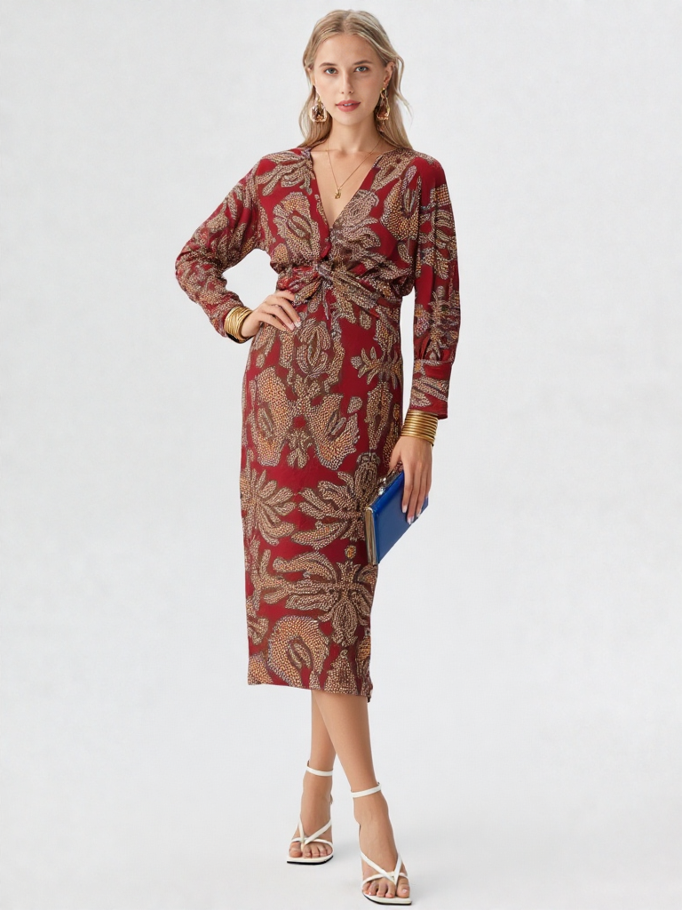 Elegancka Sukienka Midi z Wzorem
