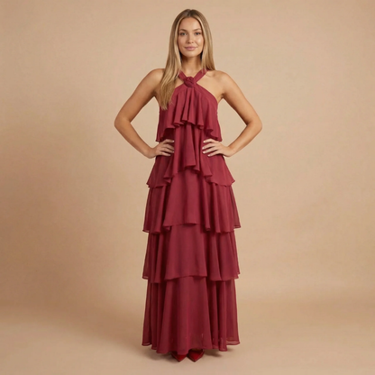 Women's Wedding Guest Halter Tiered Maxi Dress