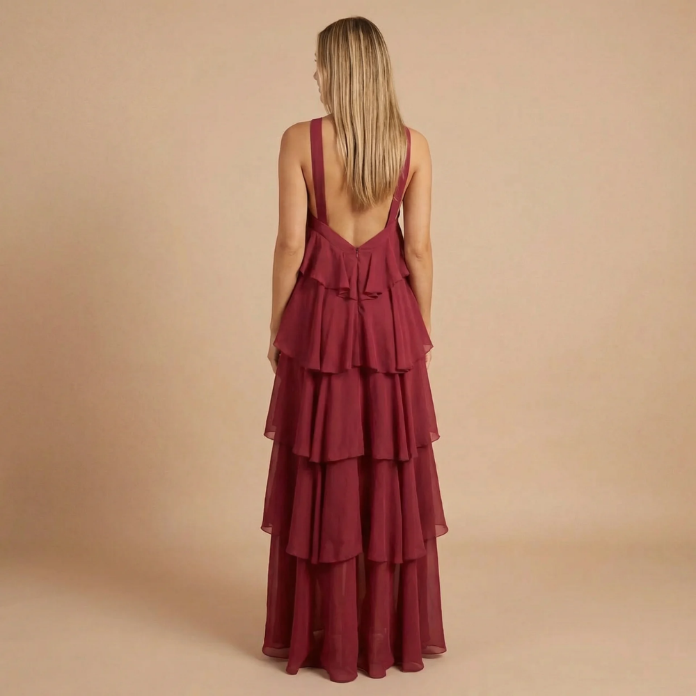 Women's Wedding Guest Halter Tiered Maxi Dress