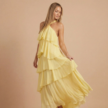 Women's Wedding Guest Halter Tiered Maxi Dress
