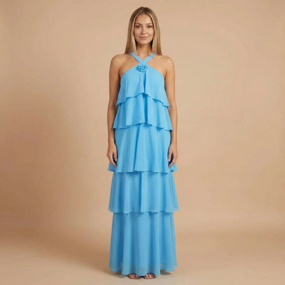 Women's Wedding Guest Halter Tiered Maxi Dress