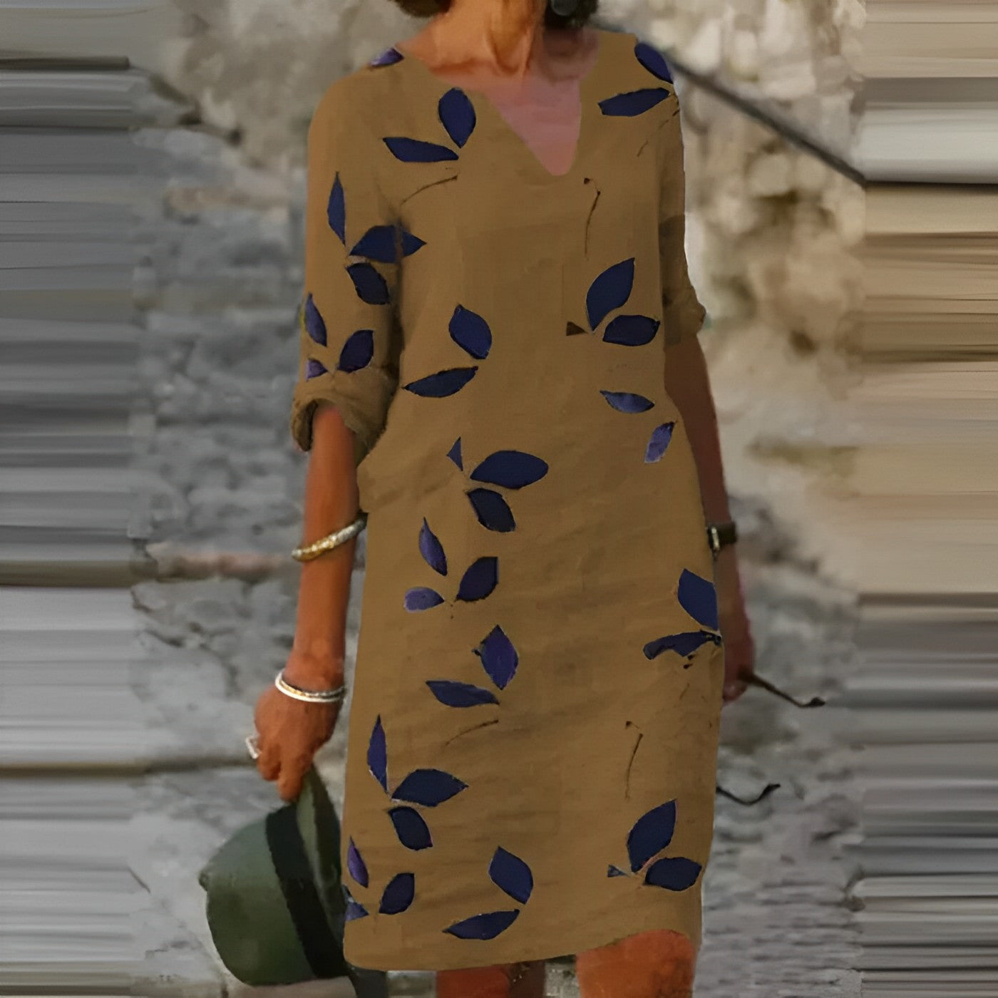 Women's Summer Leaf Print V Neck Mini Shift Dress
