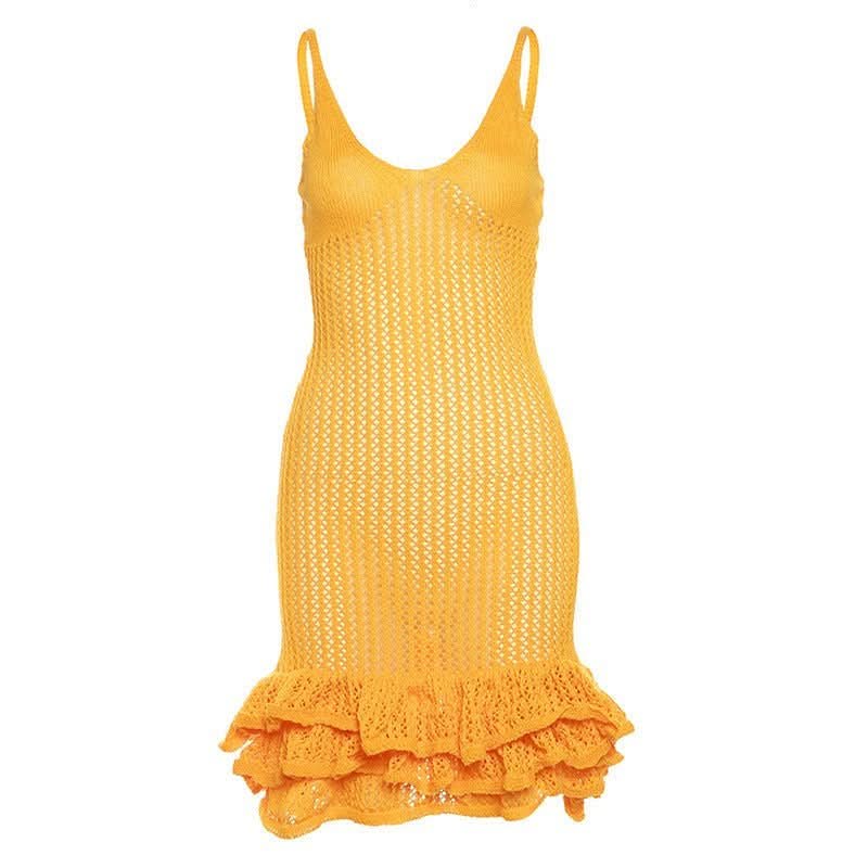 Women's Summer Crochet Scoop Neck Ruffle Mini Dress
