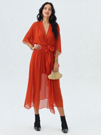 Elegancka sukienka midi z wiązaniem w talii