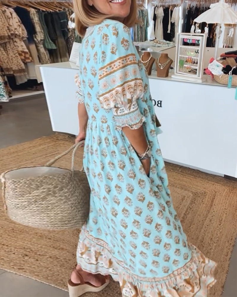 Women's Summer Floral V Neck Maxi Dress with Tassel Tie