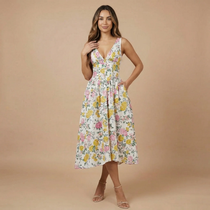 Women's Wedding Guest Floral V Neck Midi Dress
