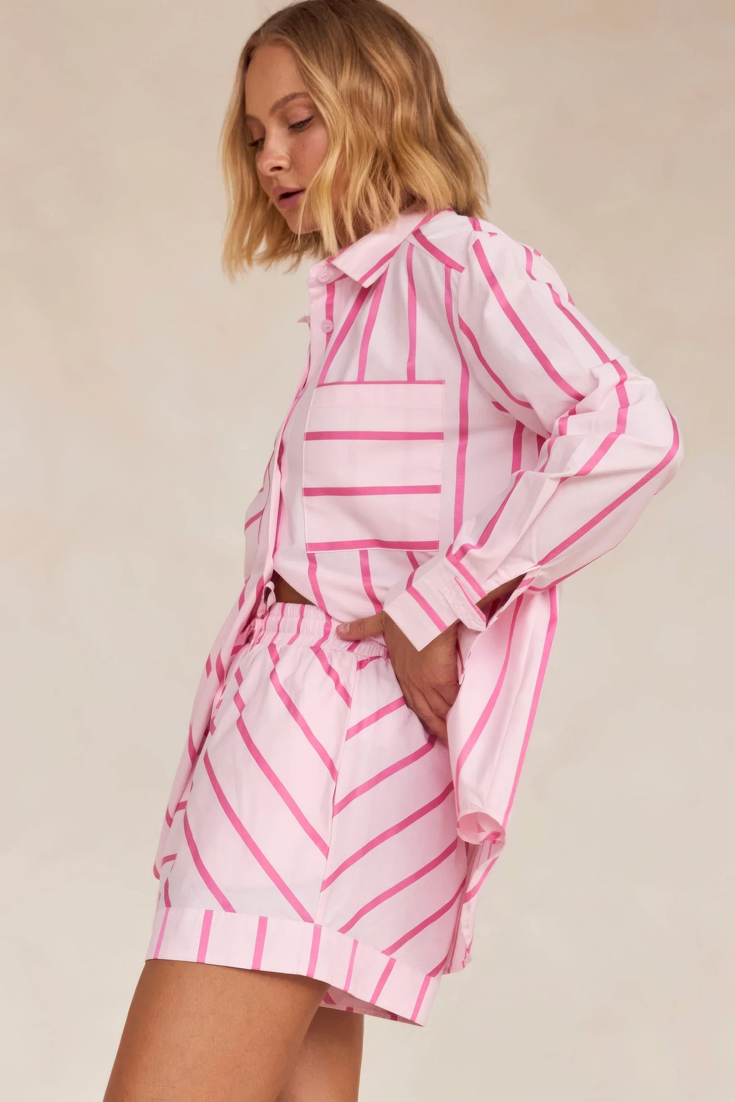 Women's Summer Striped Long Sleeve Shirt and Shorts Set