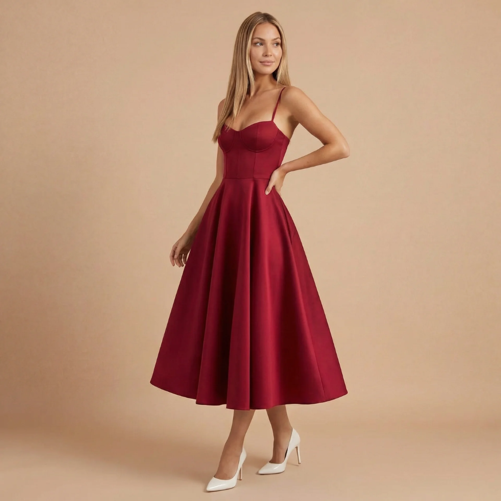Women's Cocktail Sweetheart Neck Fit and Flare Midi Dress