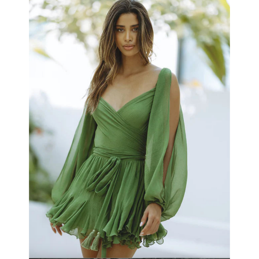 Women's Cocktail V Neck Mini Dress With Sheer Long Sleeves