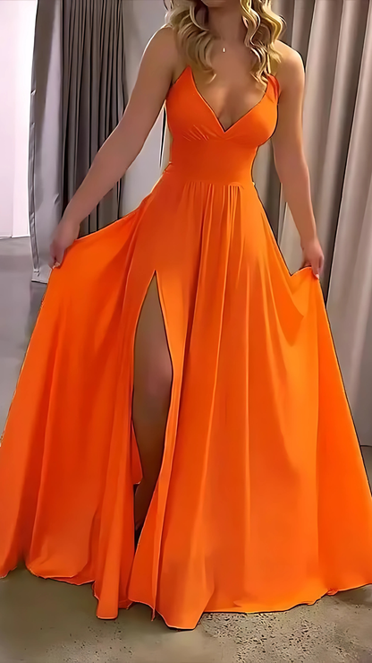 Women's Wedding Guest V Neck Sleeveless Slit Maxi Dress