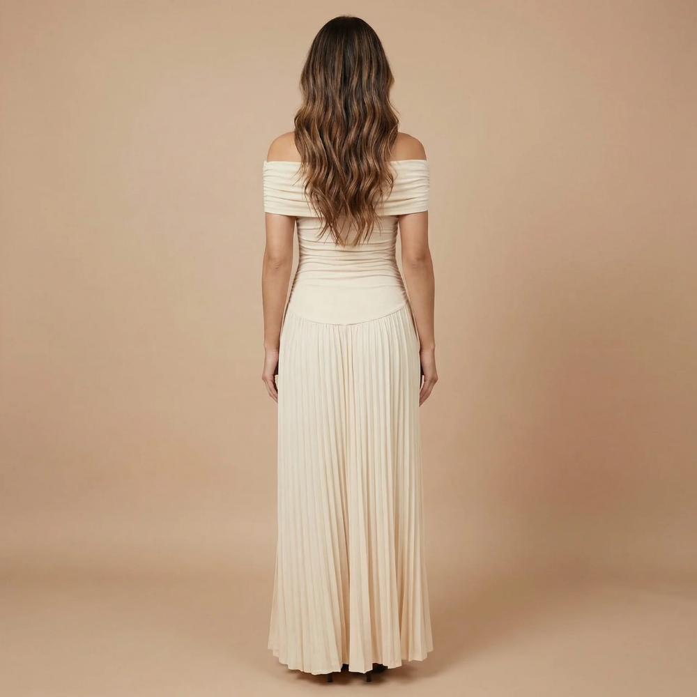 Women's Wedding Guest Off Shoulder Pleated Maxi Dress