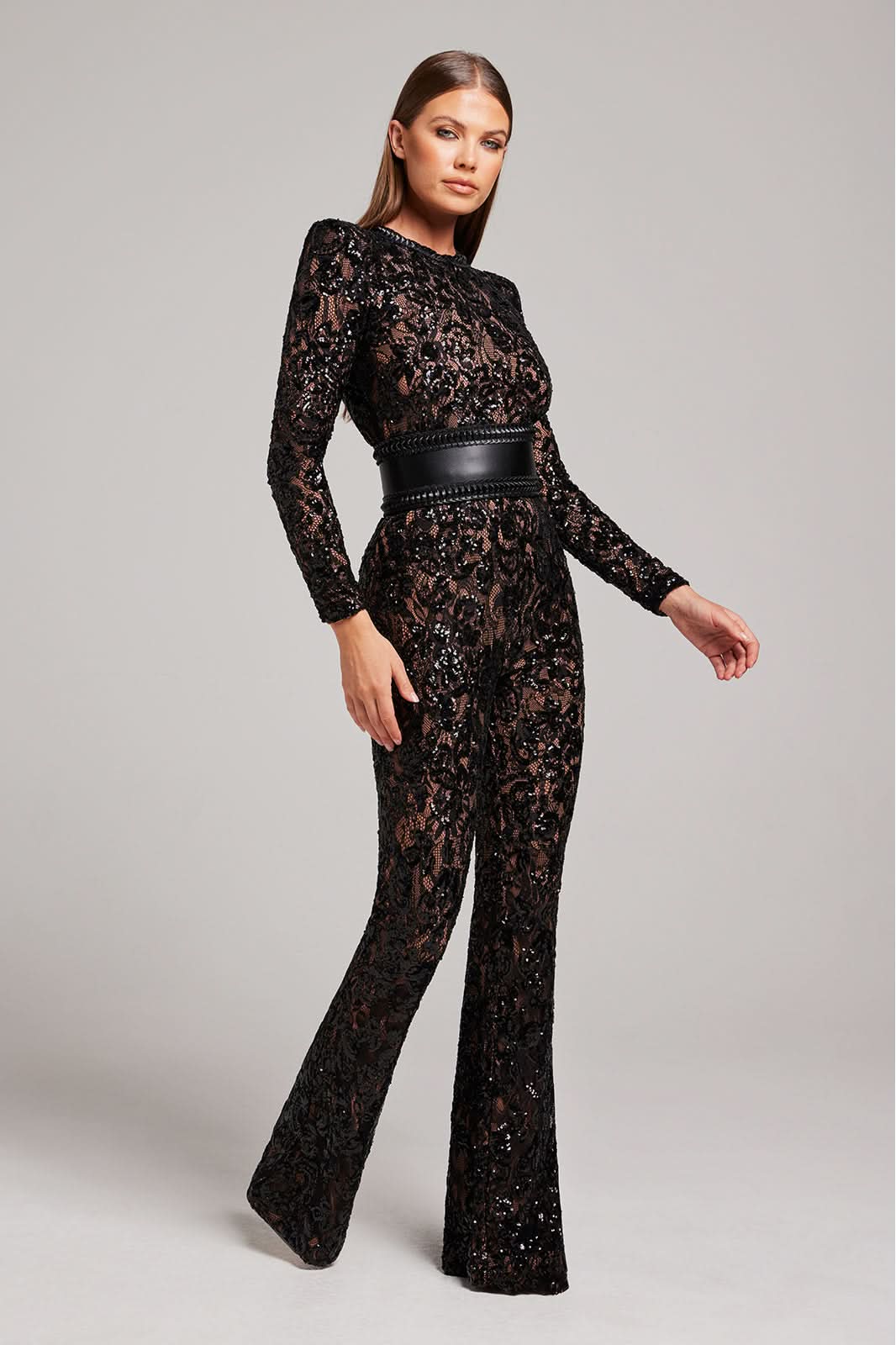 Women's Cocktail Sequin Lace Long Sleeve Wide Leg Jumpsuit