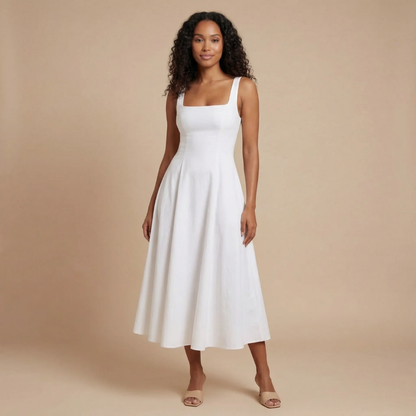 Women's Wedding Guest Square Neck Midi Dress Sleeveless