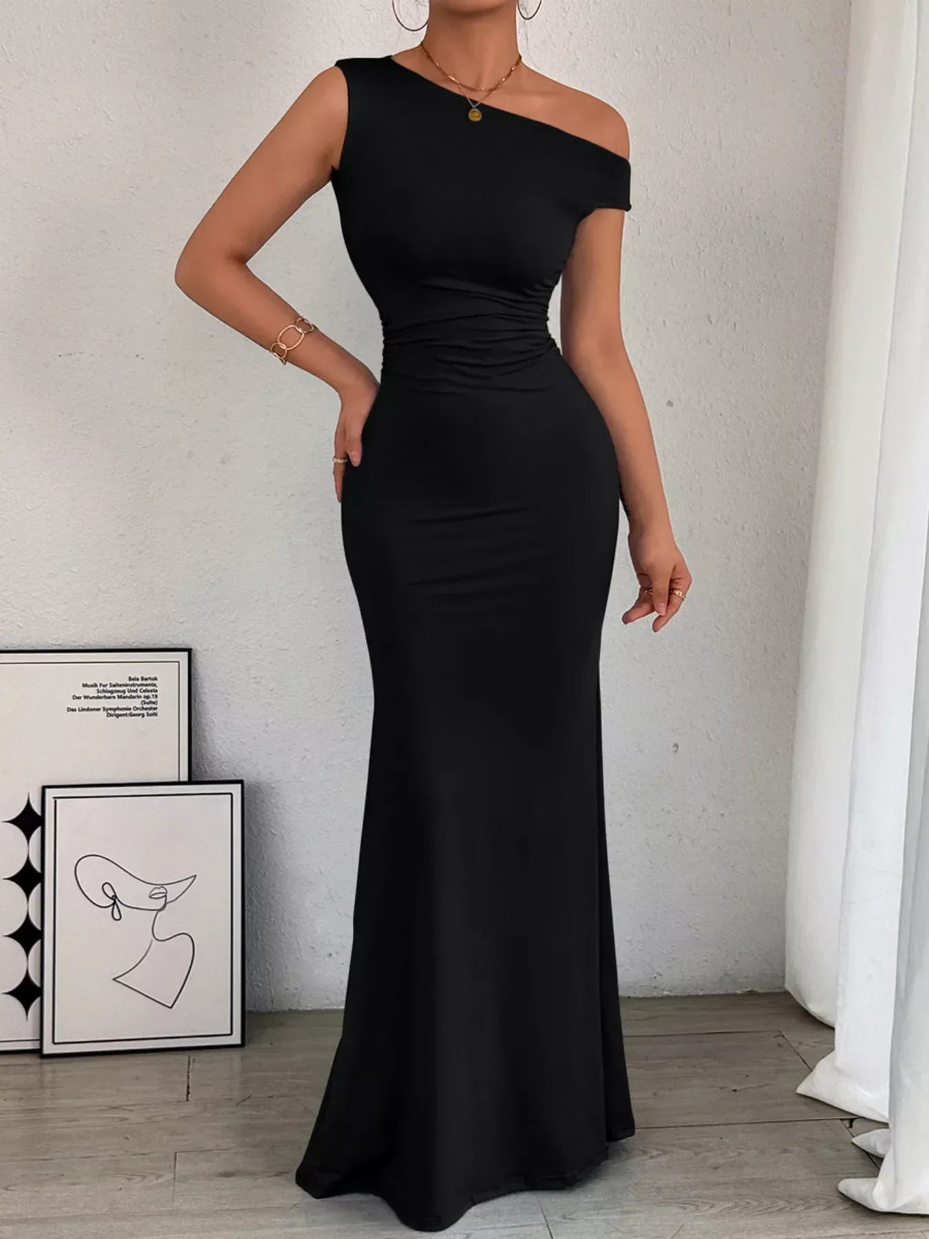 Women's Cocktail One Shoulder Ruched Bodycon Maxi Dress