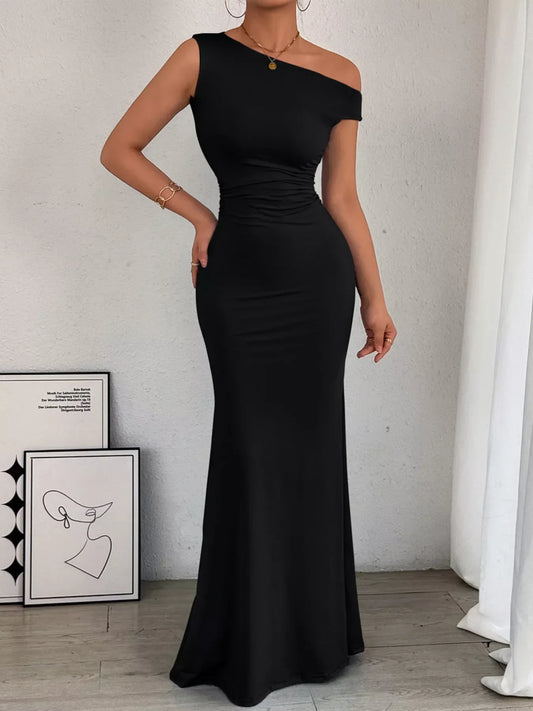 Women's Cocktail One Shoulder Ruched Bodycon Maxi Dress