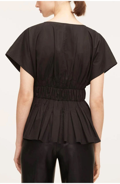 Women's Office Split Neck Pleated Peplum Blouse With Belt