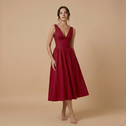 Women's Wedding Guest Deep V Neck Midi A Line Dress