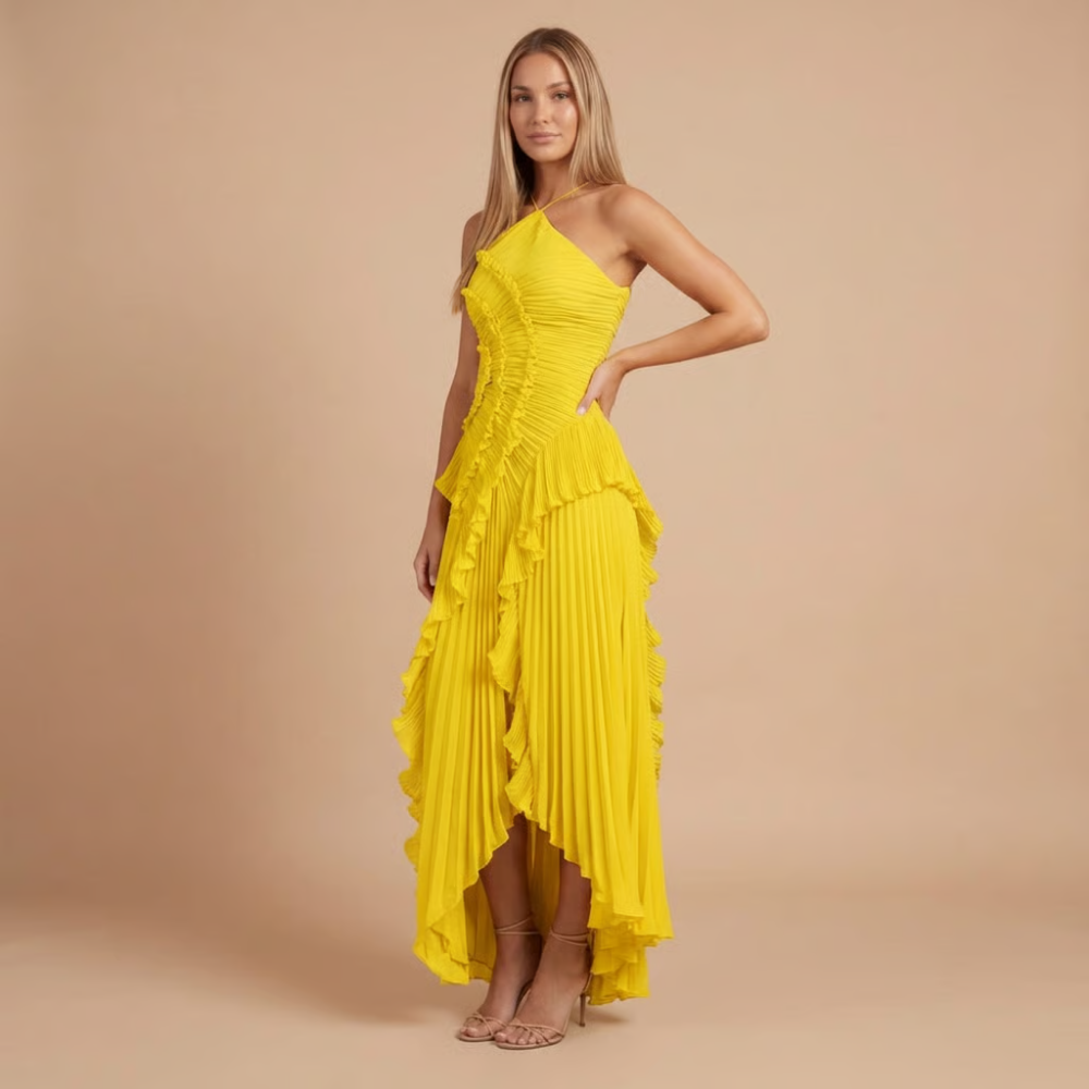 Women's Wedding Guest Halter Ruffle Maxi Dress