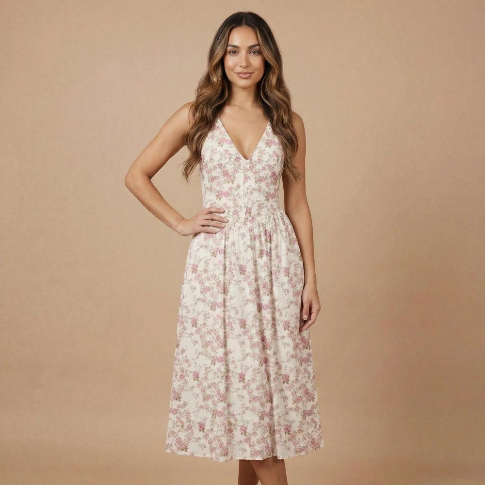 Women's Wedding Guest Floral V Neck Midi Dress