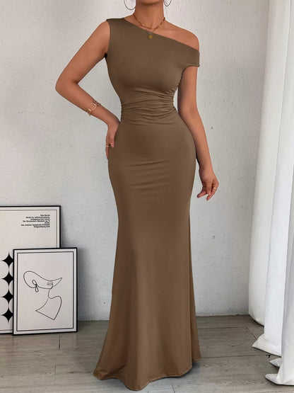 Women's Cocktail One Shoulder Ruched Bodycon Maxi Dress