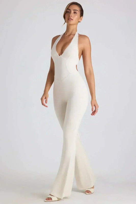 Women's Cocktail Halter V Neck Flared Jumpsuit