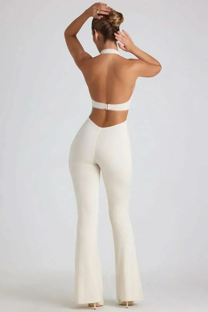 Women's Cocktail Halter V Neck Flared Jumpsuit