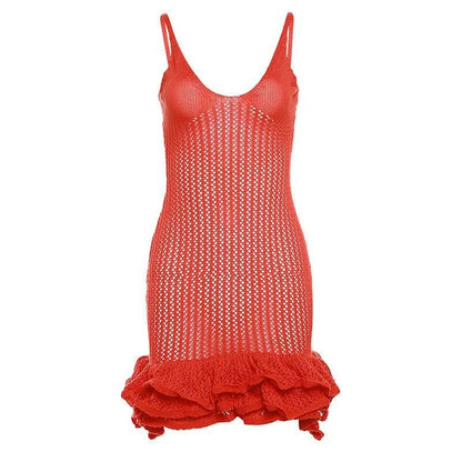 Women's Summer Crochet Scoop Neck Ruffle Mini Dress