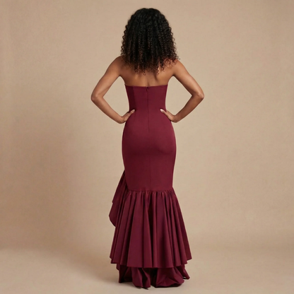 Women's Wedding Guest Strapless Ruffle Slit Maxi Dress
