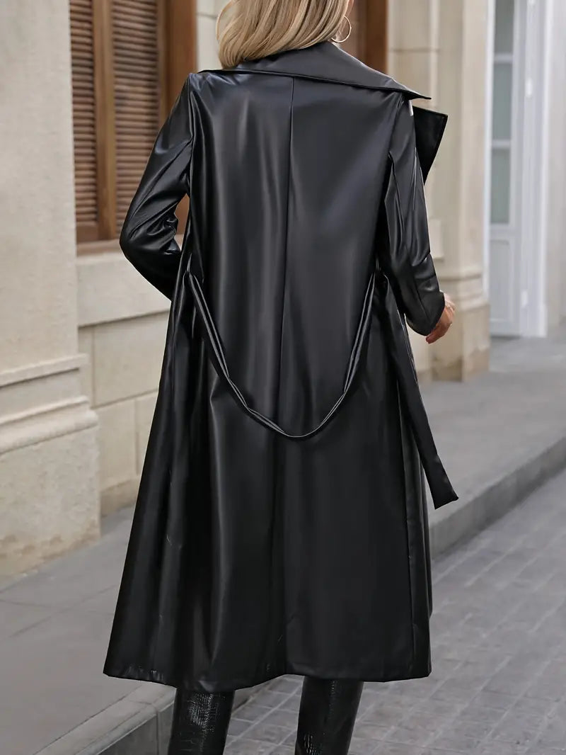 Elegancki Płaszcz Trench z Ekoskóry z Paseczkiem