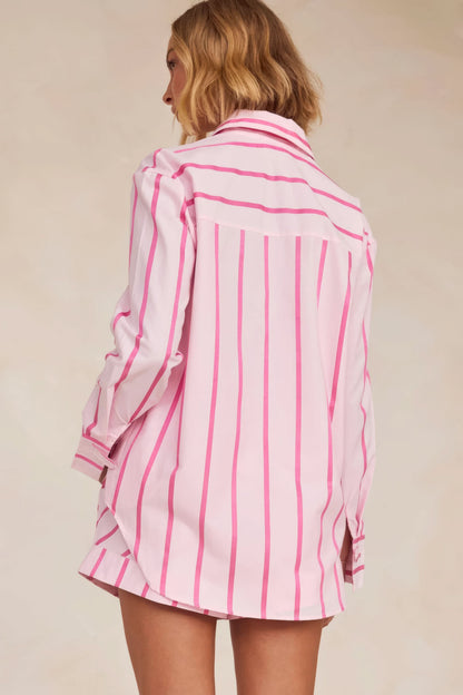 Women's Summer Striped Long Sleeve Shirt and Shorts Set