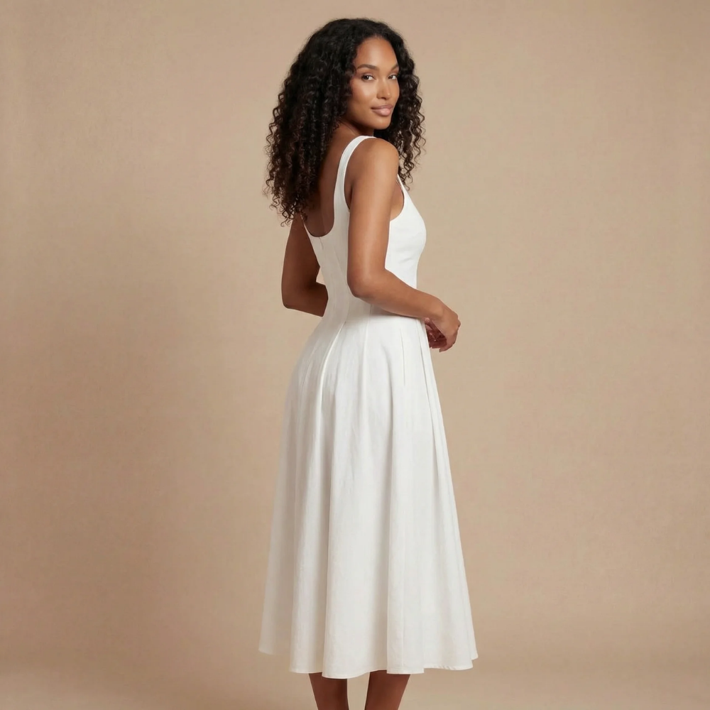 Women's Wedding Guest Square Neck Midi Dress Sleeveless