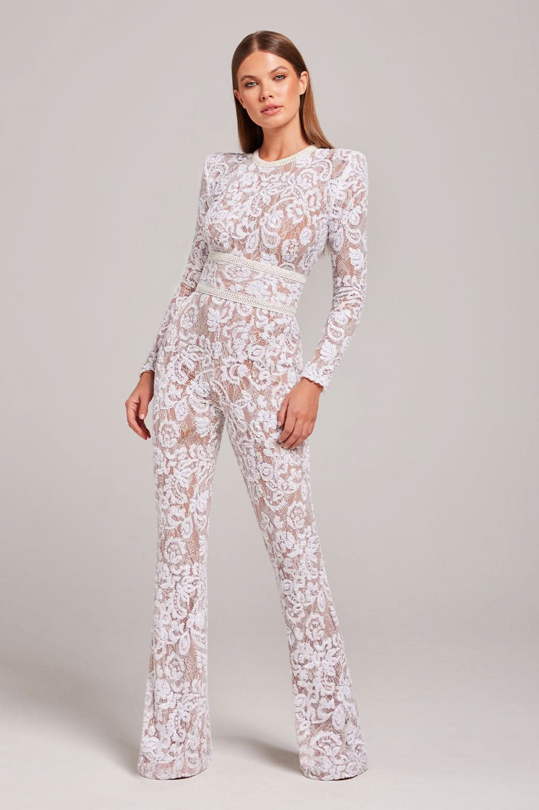 Women's Cocktail Sequin Lace Long Sleeve Wide Leg Jumpsuit
