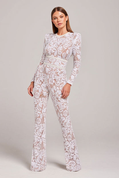 Women's Cocktail Sequin Lace Long Sleeve Wide Leg Jumpsuit